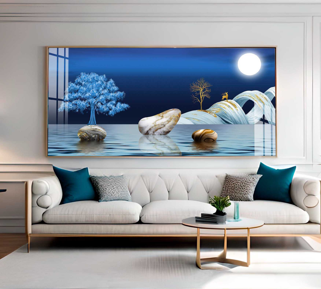 QUADRO ILUSTRAÇÃO DE PAISAGEM  MODERNA EM TONS AZUIS - #2