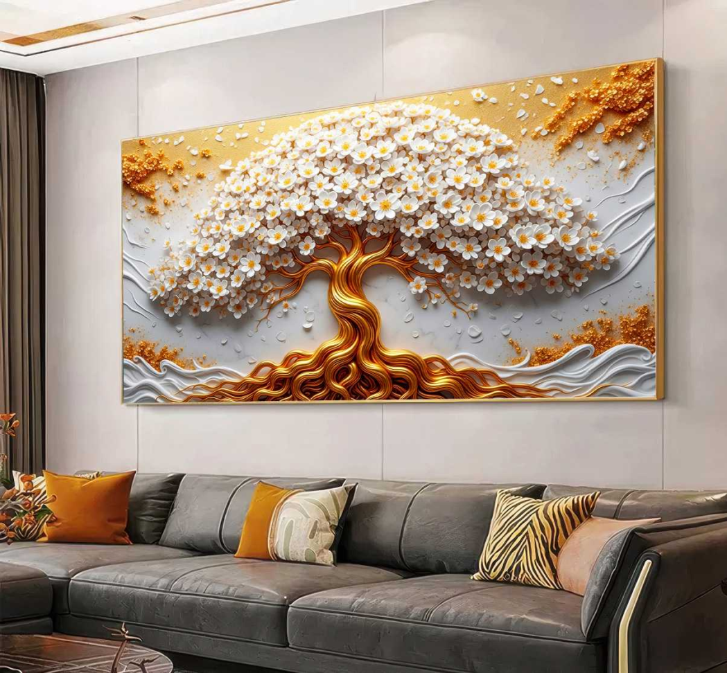 QUADRO ARTE ÁRVORE ABSTRATA COM TONS DOURADA - #3