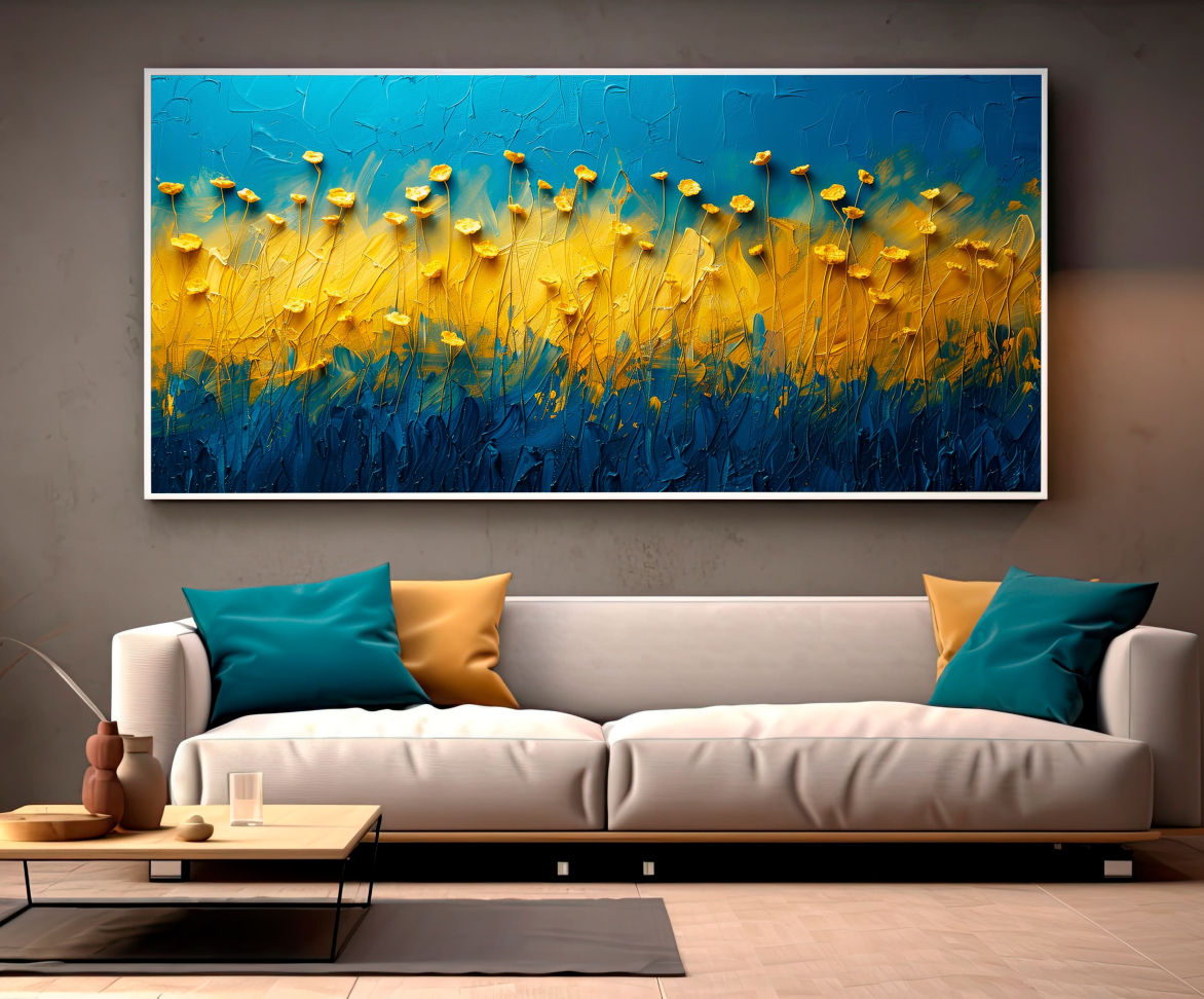 QUADRO ARTE PINTURA ABSTATO AZUL COM PETALAS AMARELAS - #3