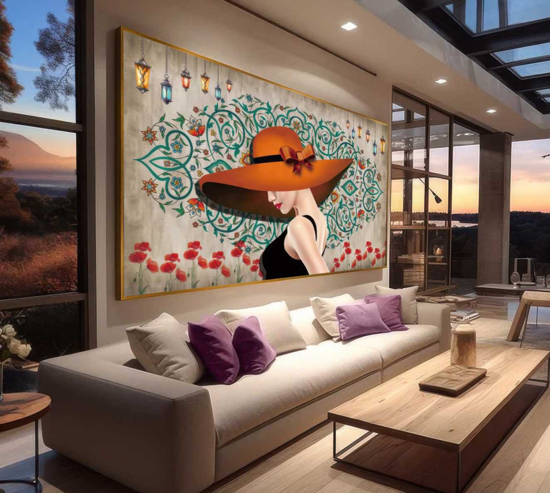 QUADRO MINMALITA ABSTRATO COM MULHER DE CUAPÉU VERMELHO - #4