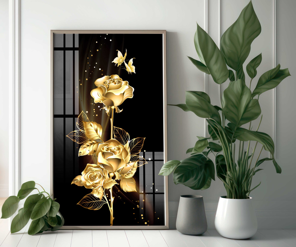 QUADRO BELA ROSA DOURADA COM FUNDO PRETO - #3