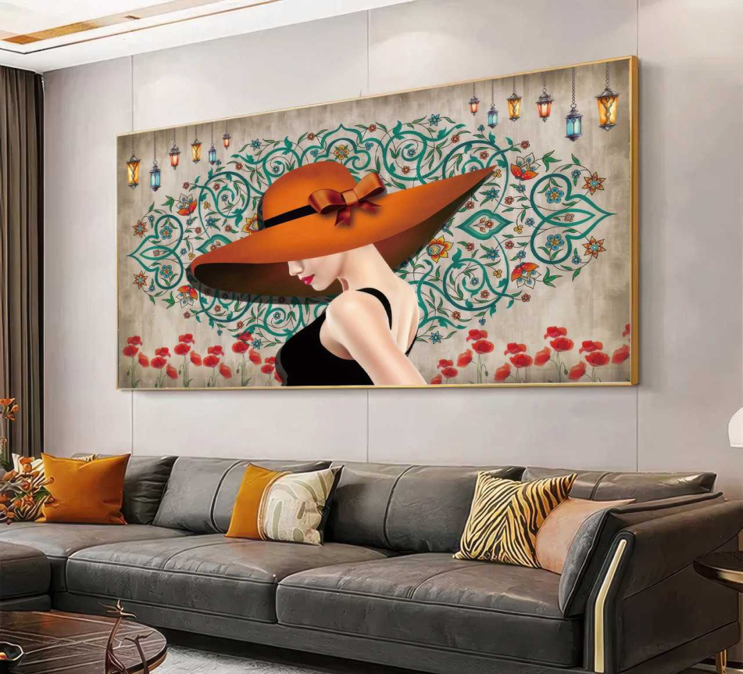 QUADRO MINMALITA ABSTRATO COM MULHER DE CUAPÉU VERMELHO - #5