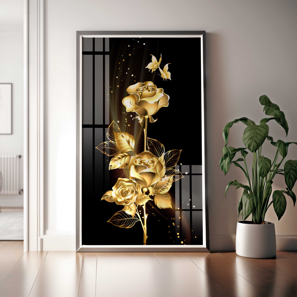 QUADRO BELA ROSA DOURADA COM FUNDO PRETO - #5