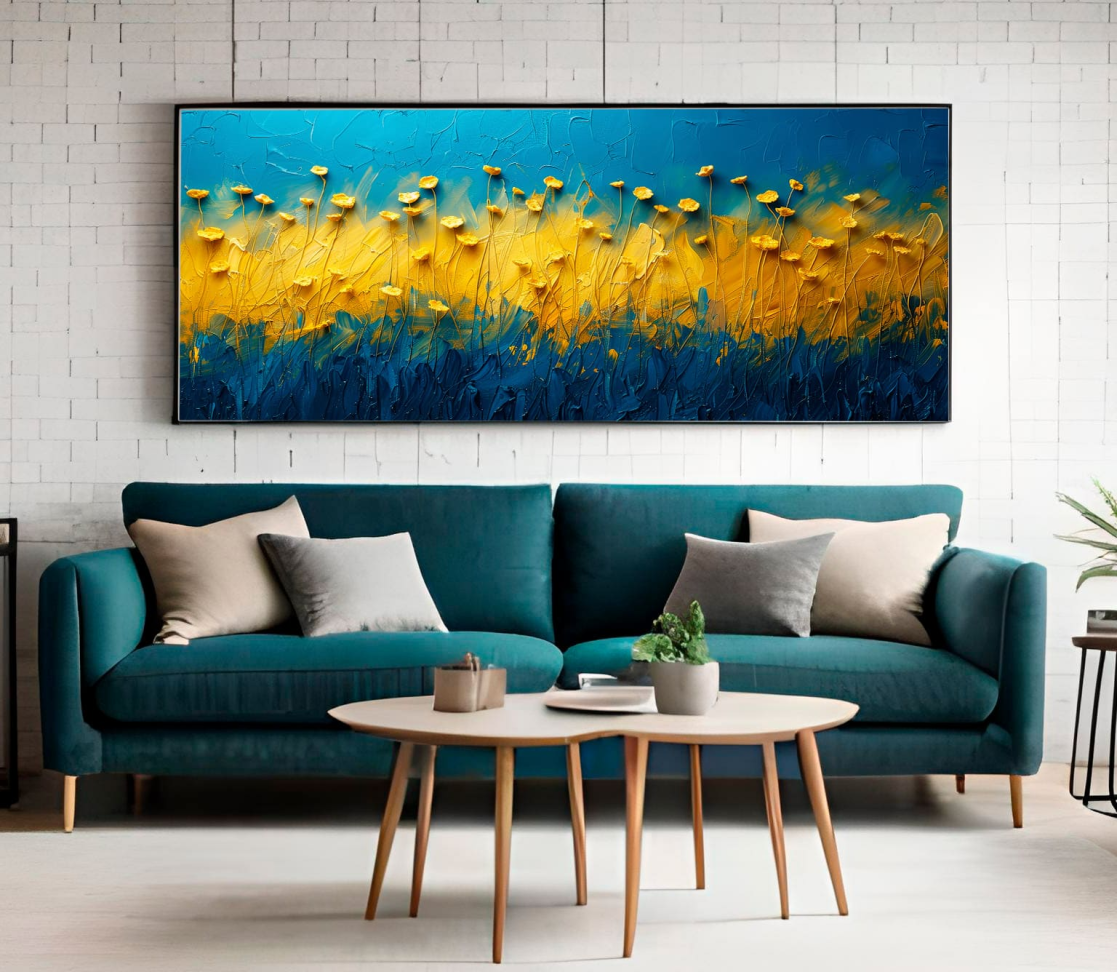 QUADRO ARTE PINTURA ABSTATO AZUL COM PETALAS AMARELAS - #4