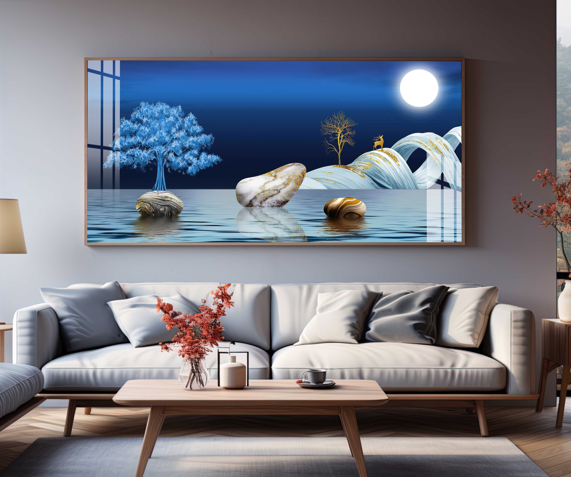 QUADRO ILUSTRAÇÃO DE PAISAGEM  MODERNA EM TONS AZUIS - #4