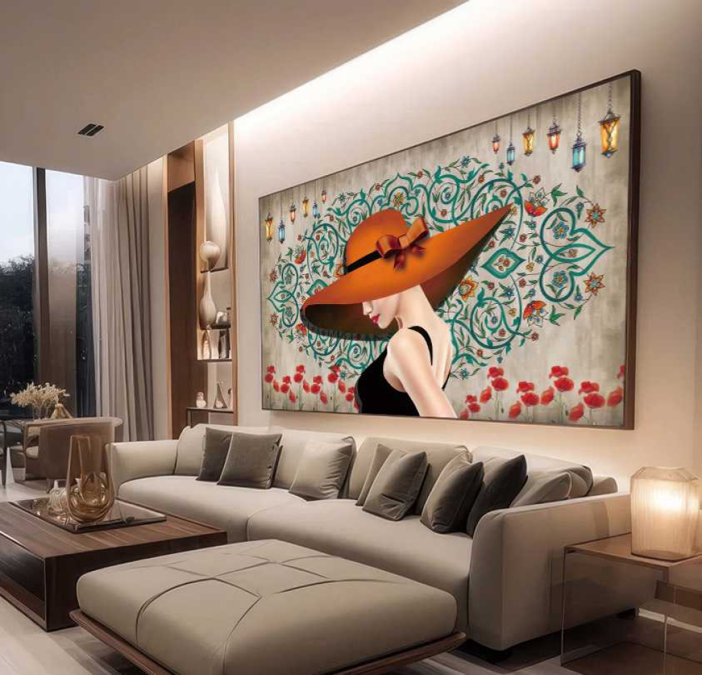 QUADRO MINMALITA ABSTRATO COM MULHER DE CUAPÉU VERMELHO - #3