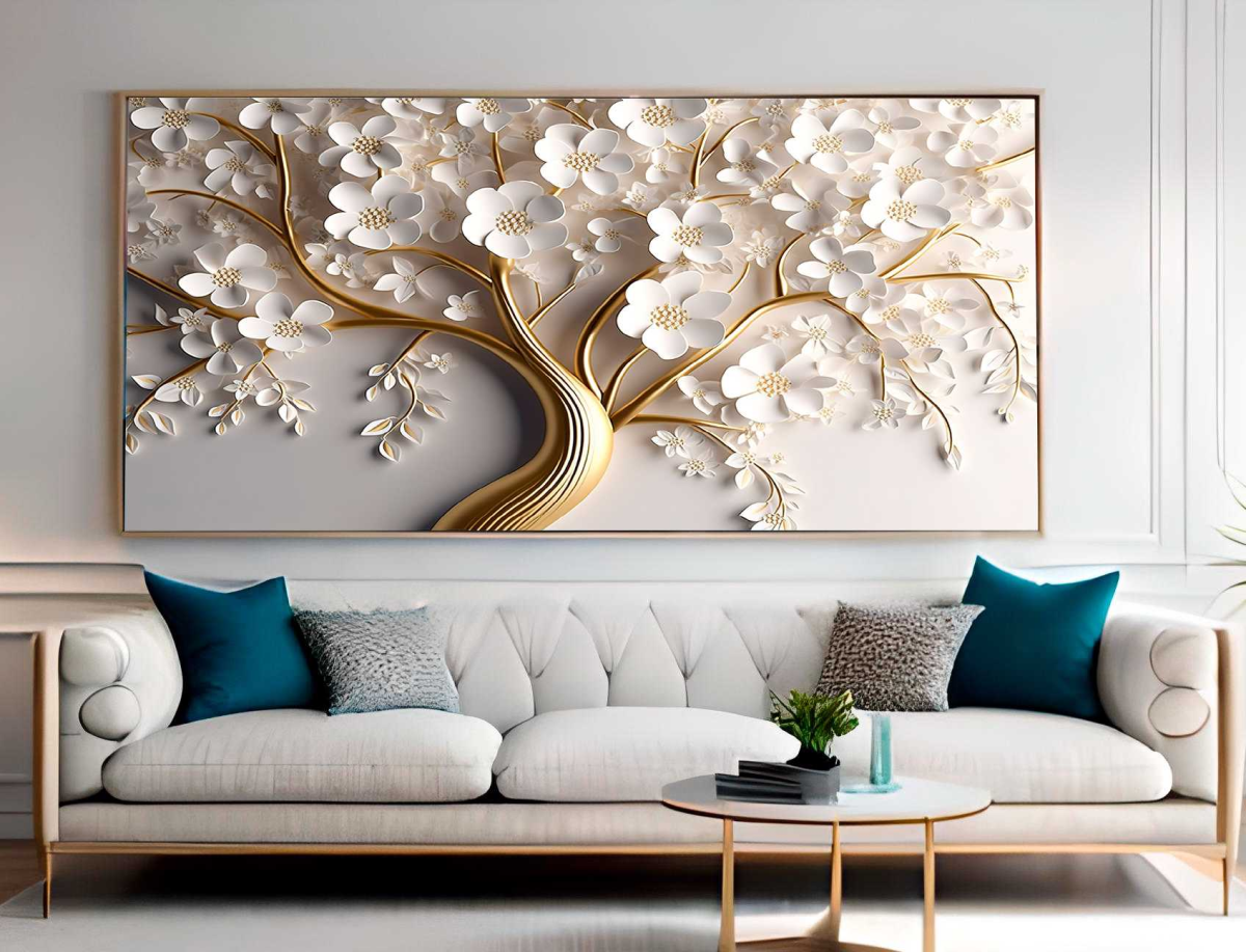QUADRO FLORAL ARTE BRANCO COM DOURADO DECOR 3D - #2