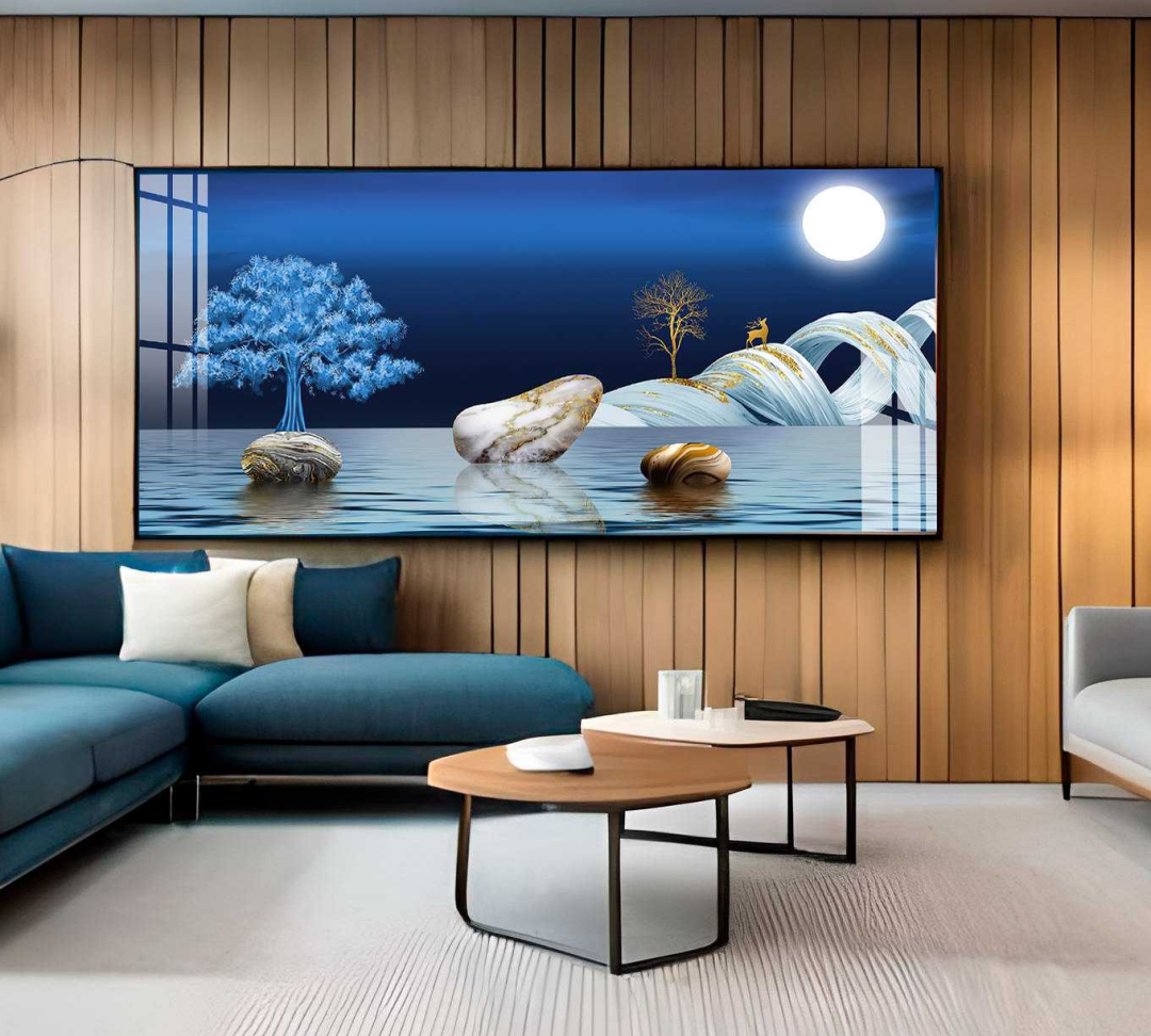 QUADRO ILUSTRAÇÃO DE PAISAGEM  MODERNA EM TONS AZUIS - #5