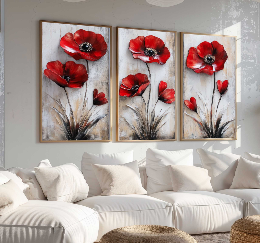 CONJUNTO ARTE PINTURA  FLORES VERMELHAS - #2