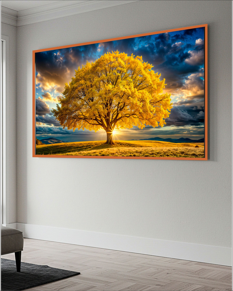 QUADRO BELA ÁRVORE AMARELA AO POR DO SOL - #2