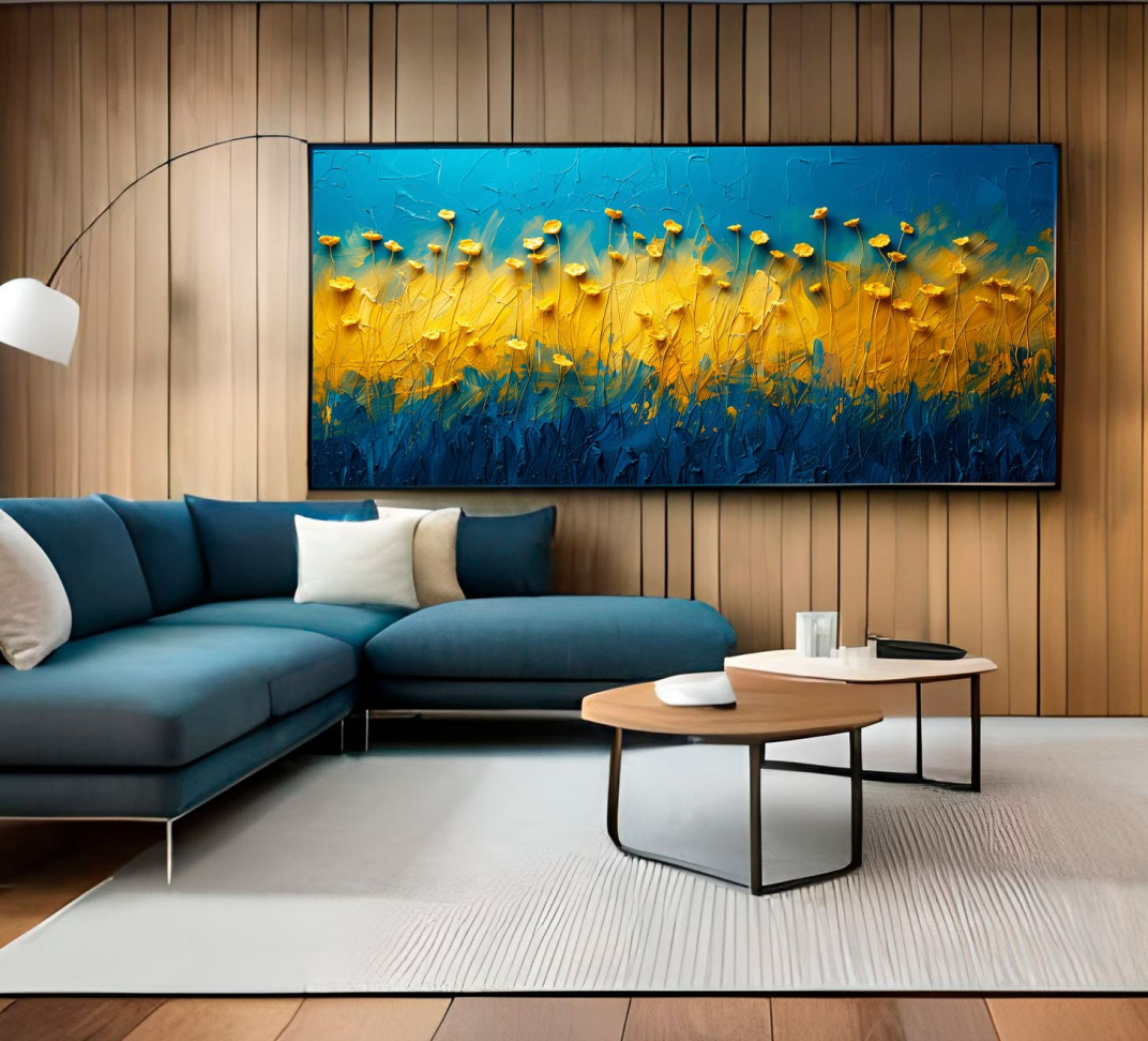 QUADRO ARTE PINTURA ABSTATO AZUL COM PETALAS AMARELAS - #5