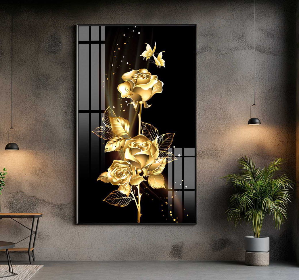 QUADRO BELA ROSA DOURADA COM FUNDO PRETO - #4