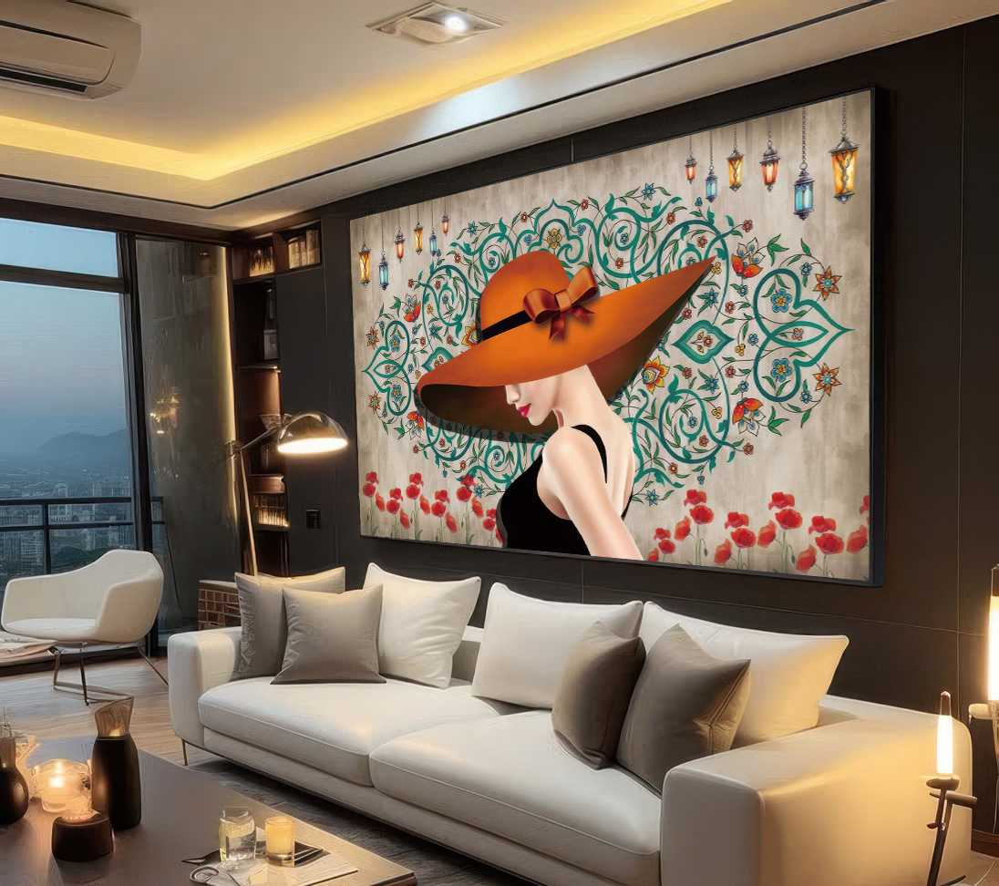 QUADRO MINMALITA ABSTRATO COM MULHER DE CUAPÉU VERMELHO - #2