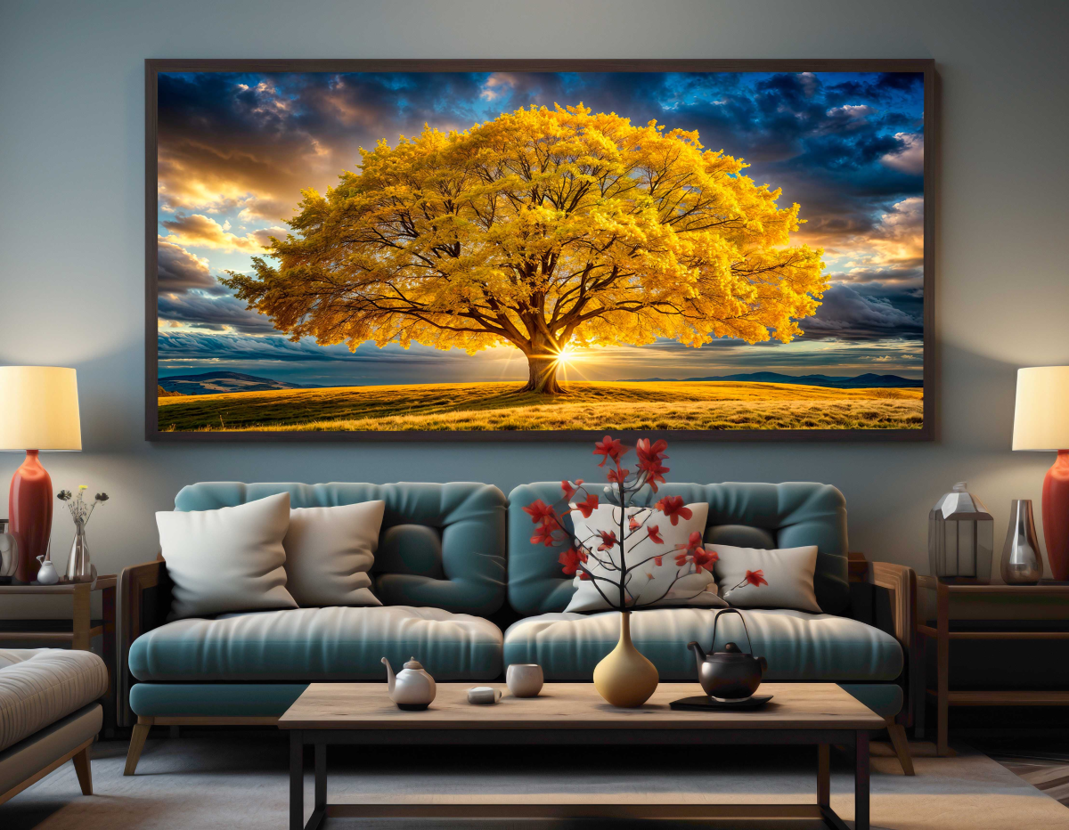 QUADRO BELA ÁRVORE AMARELA AO POR DO SOL - #3