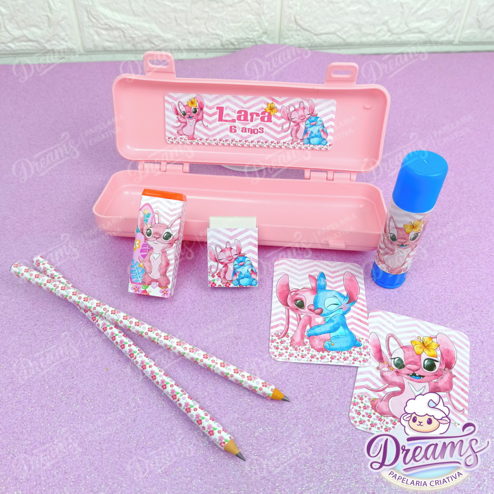 Kit com 10 Estojos Escolares Personalizados com Cola – Stitch e Angel