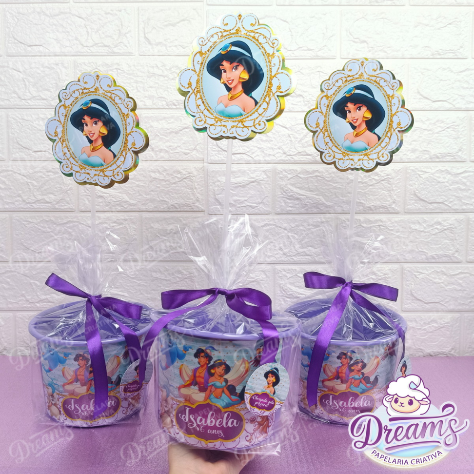 Kit com 20 Baldinhos de 1,5 Litro com Topper para Centro de Mesa – Jasmine e Aladdin