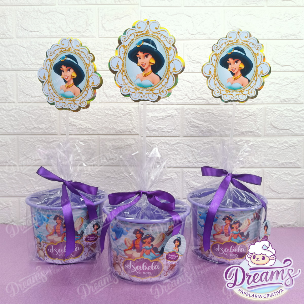 Kit com 20 Baldinhos de 1,5 Litro com Topper para Centro de Mesa – Jasmine e Aladdin