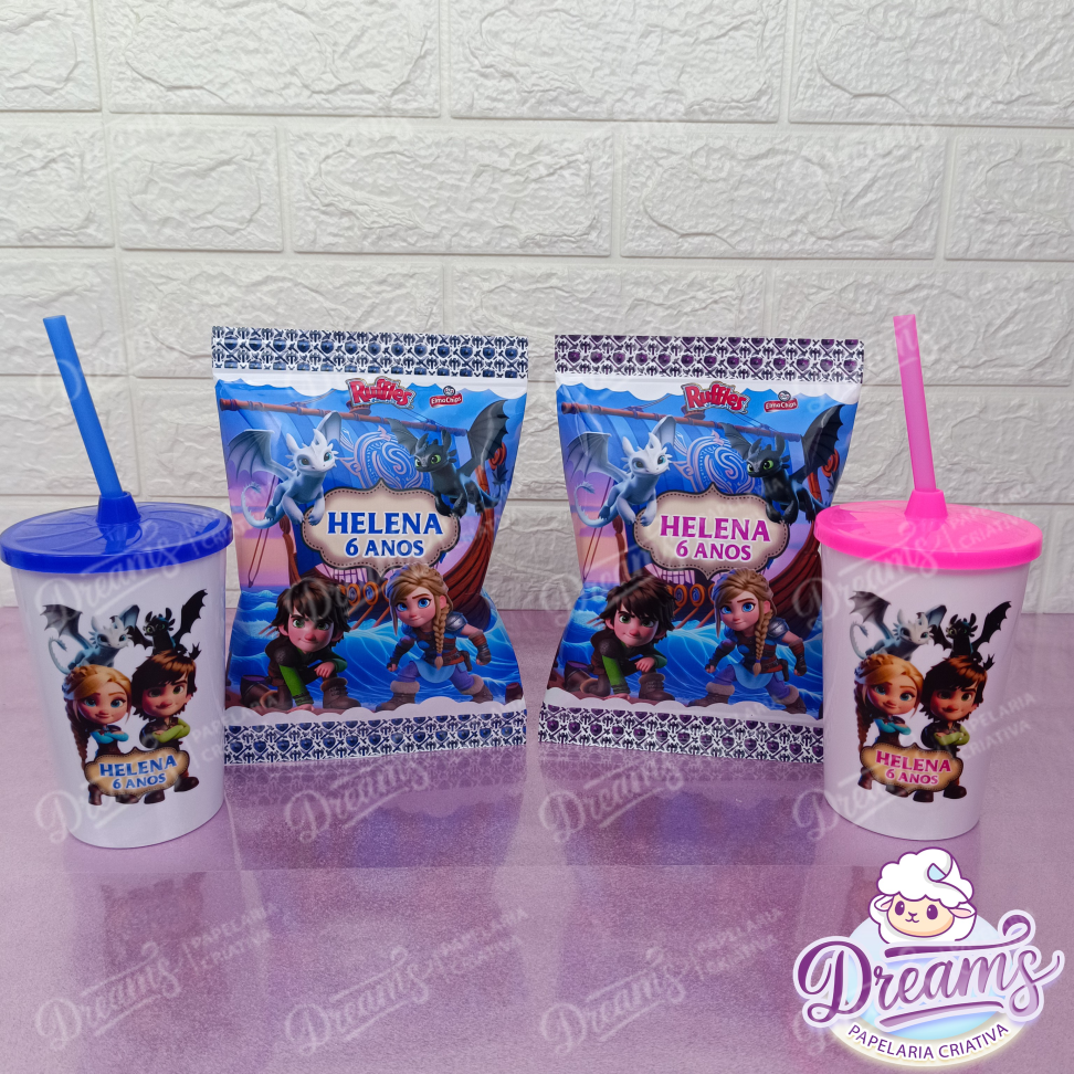 Kit com 12 Batatas Ruffles e 12 Copos de 480 ml – Como Treinar o Seu Dragão