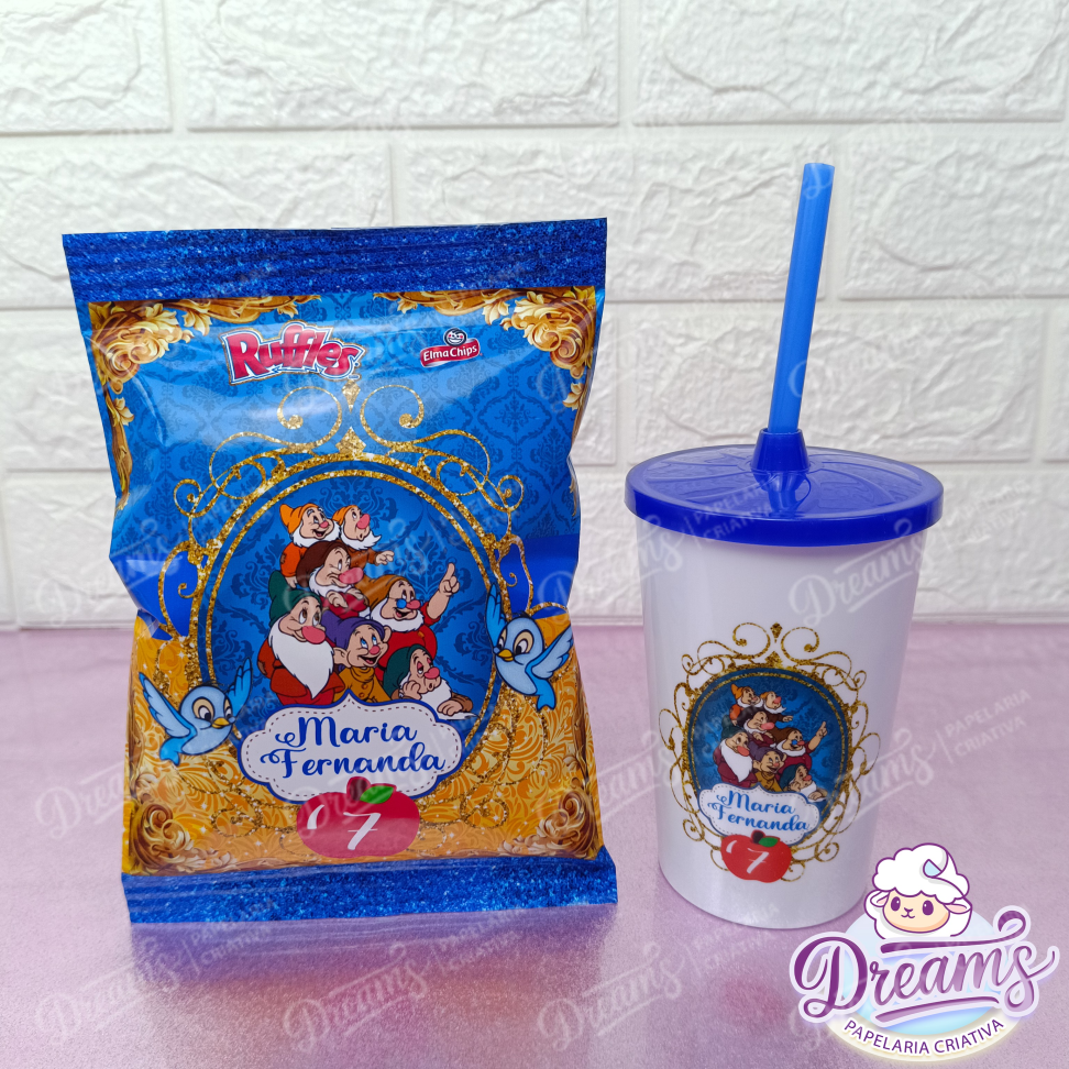 Kit com 12 Batatas Ruffles e 12 Copos de 480 ml – Branca de Neve e os Sete Anões
