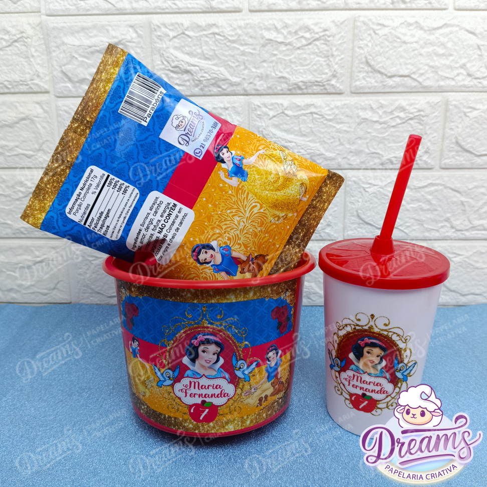 Kit com 20 Cineminhas: Balde, Copo 480 ml e Ruffles 17 g – Branca de Neve