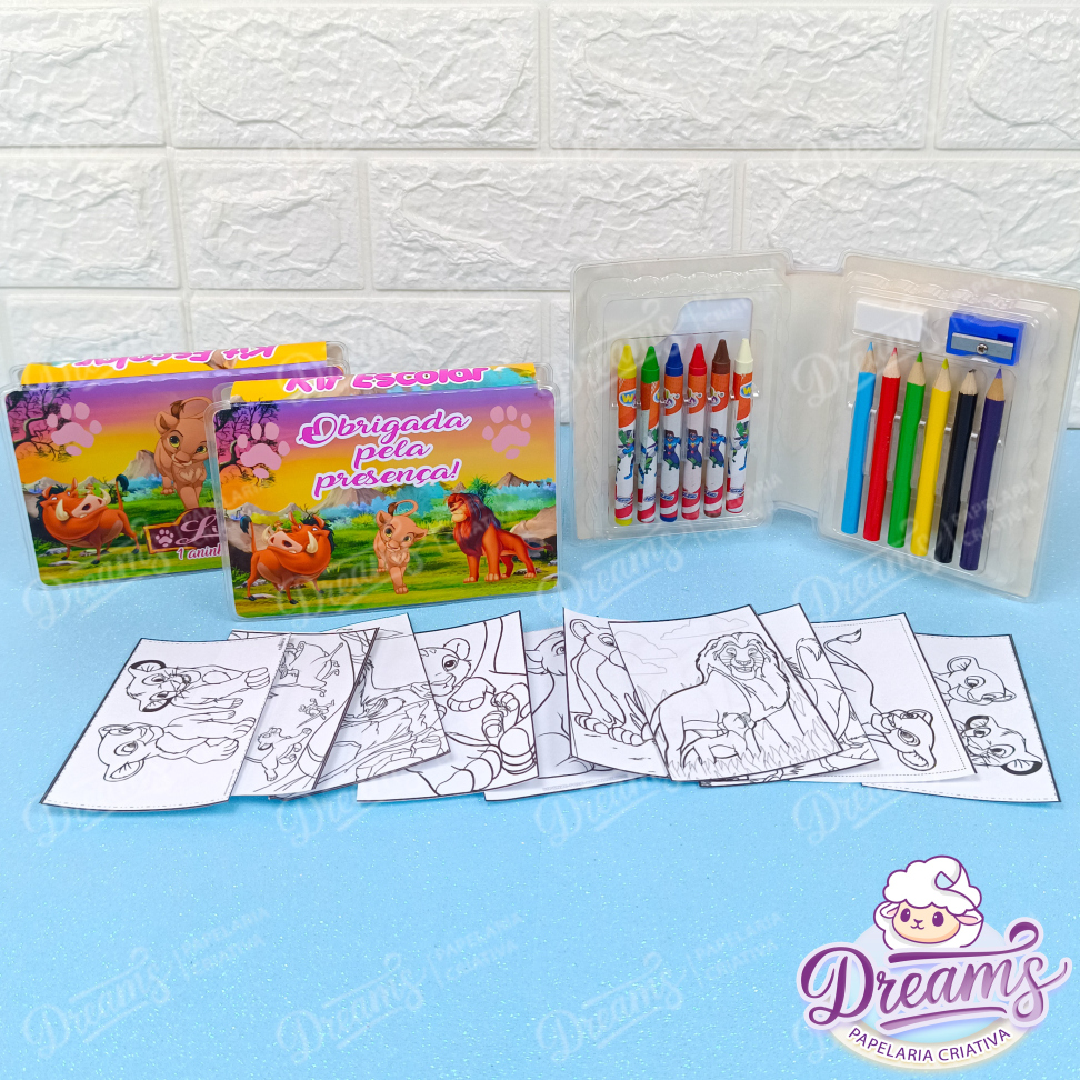 Kit com 10 Estojos de Colorir com 14 Peças e Folhas – Rei Leão
