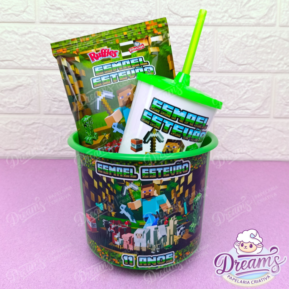Kit com 20 Cineminhas Balde, Copo e Batata Personalizados – Minecraft