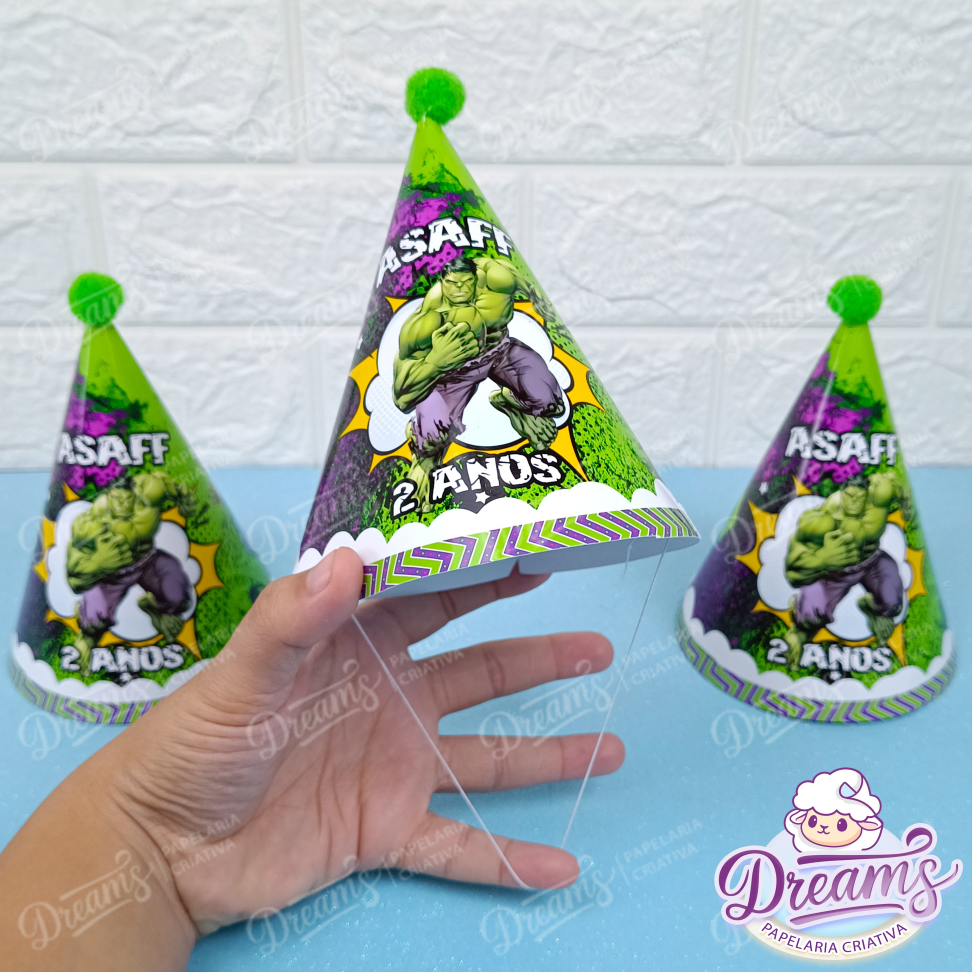 Kit com 20 Chapéus de Aniversário Personalizados – Hulk