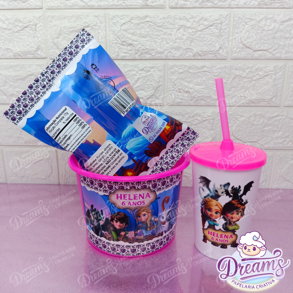 Kit com 20 Cineminhas: Balde, Copo 480 ml e Ruffles 17 g – Como Treinar o Seu Dragão