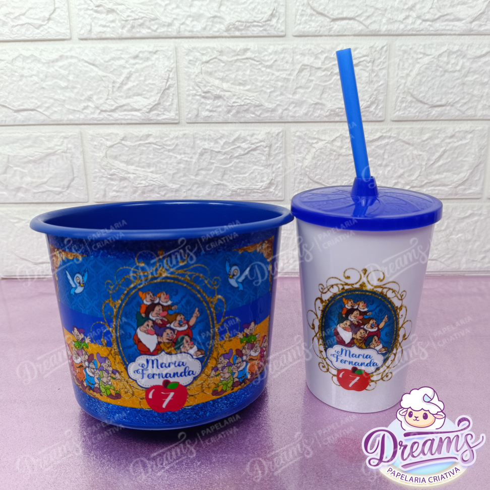Kit com 10 Cineminhas: Copo 480 ml e Balde de 1,5 Litro – Branca de Neve e os Sete Anões