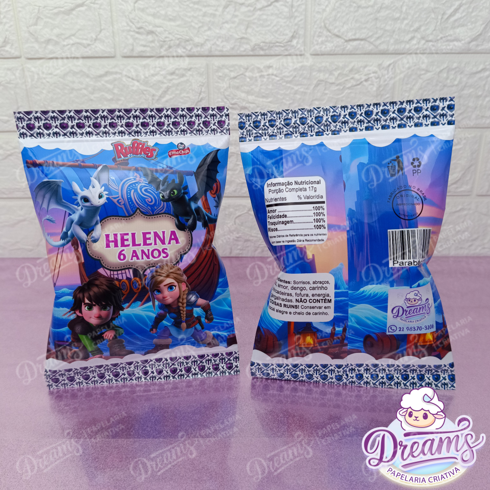 Kit com 20 Pacotes de Batata Ruffles 17 g Personalizados – Como Treinar o Seu Dragão