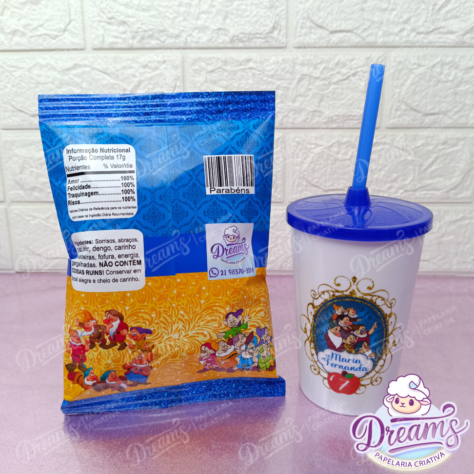 Kit com 12 Batatas Ruffles e 12 Copos de 480 ml – Branca de Neve e os Sete Anões