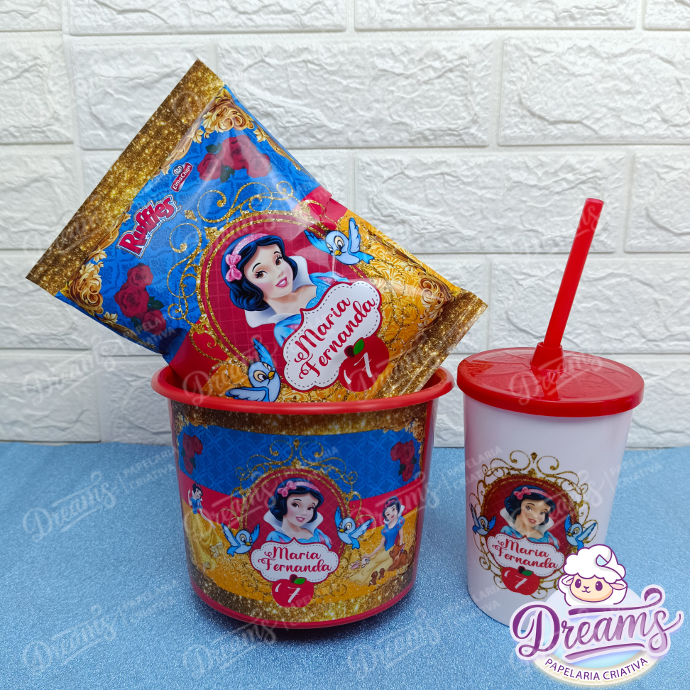 Kit com 20 Cineminhas: Balde, Copo 480 ml e Ruffles 17 g – Branca de Neve