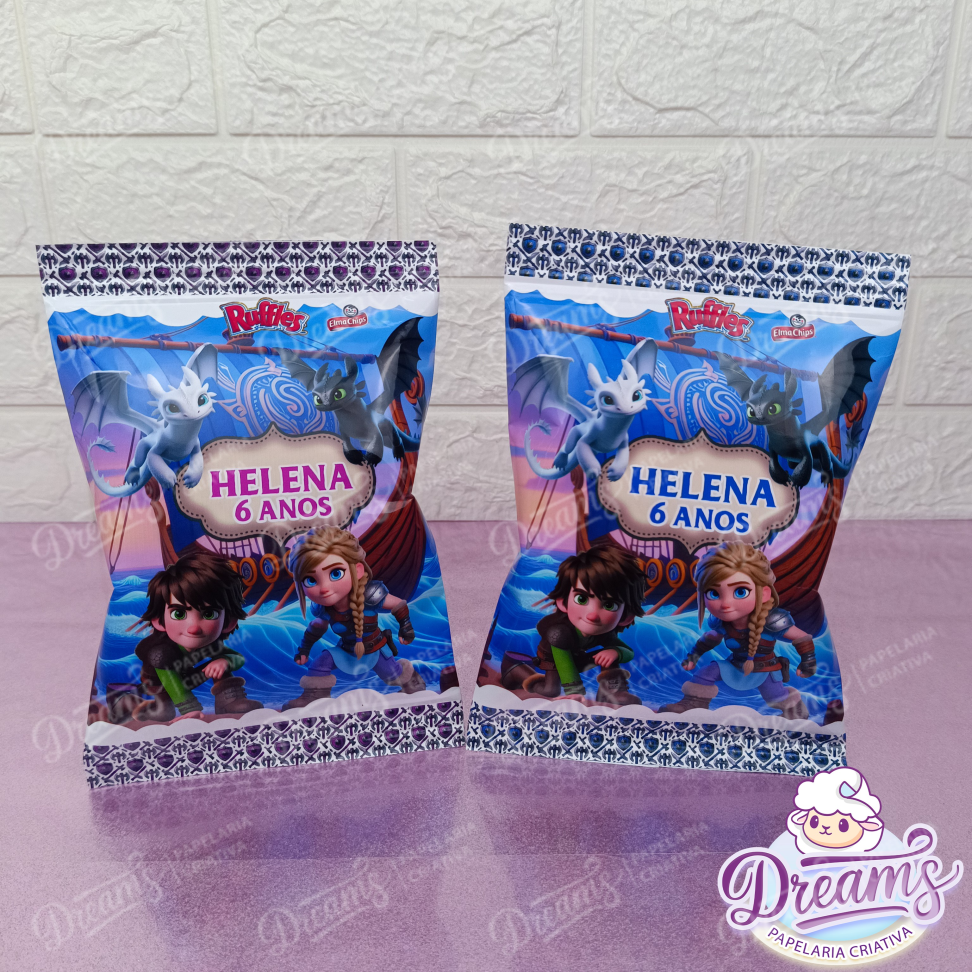 Kit com 20 Pacotes de Batata Ruffles 17 g Personalizados – Como Treinar o Seu Dragão