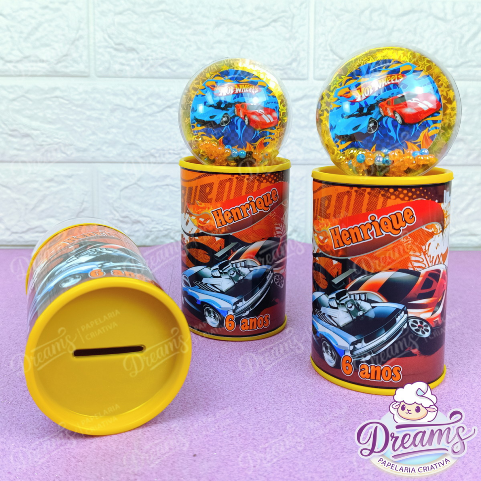 Kit com 20 Cofrinhos Adesivados com Bola Acrílica – Hot Wheels