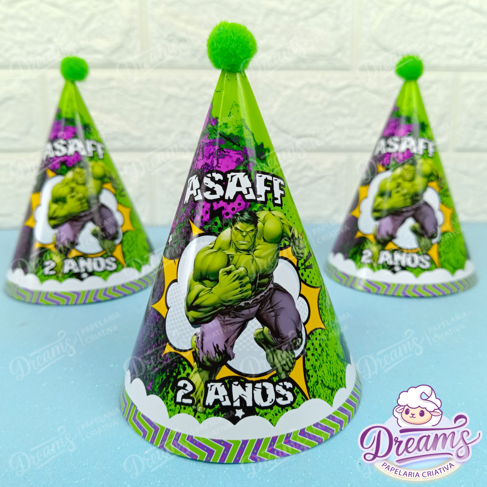 Kit com 20 Chapéus de Aniversário Personalizados – Hulk