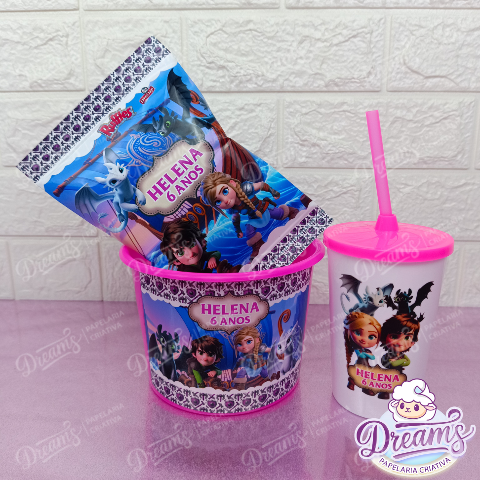 Kit com 20 Cineminhas: Balde, Copo 480 ml e Ruffles 17 g – Como Treinar o Seu Dragão