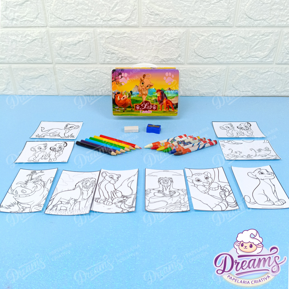 Kit com 10 Estojos de Colorir com 14 Peças e Folhas – Rei Leão
