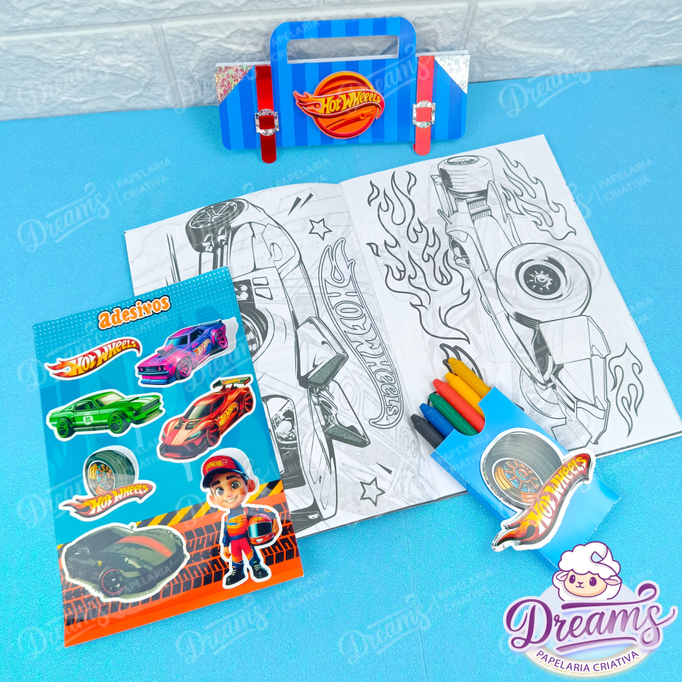 Kit com 20 Revistas de Colorir, Giz de Cera e Adesivos de Luxo – Hot Wheels