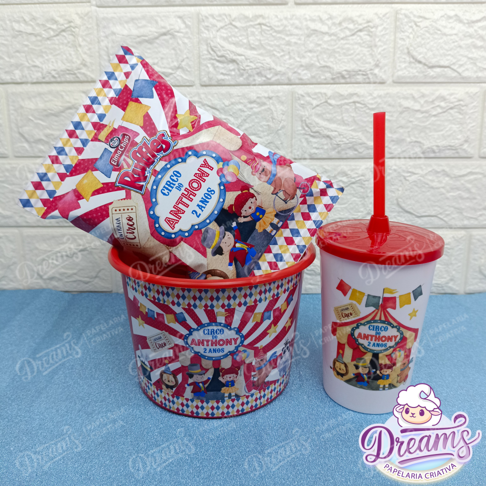 Kit com 20 Cineminhas: Balde, Copo 480 ml e Ruffles 17 g – Circo