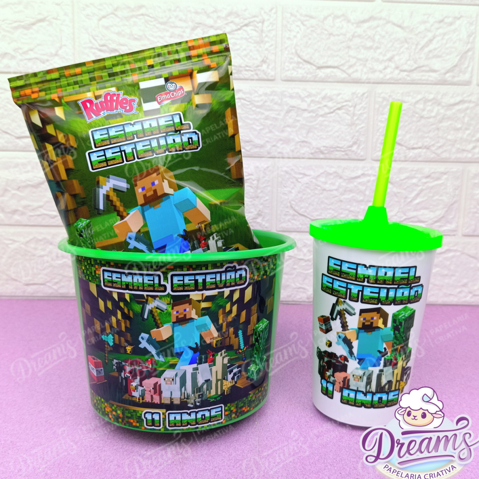 Kit com 20 Cineminhas Balde, Copo e Batata Personalizados – Minecraft