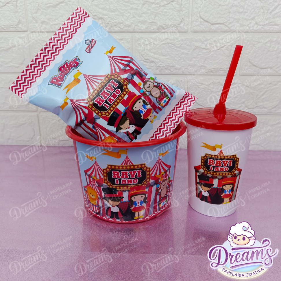 Kit com 20 Cineminhas: Balde, Copo 480 ml e Ruffles 17 g – Circo