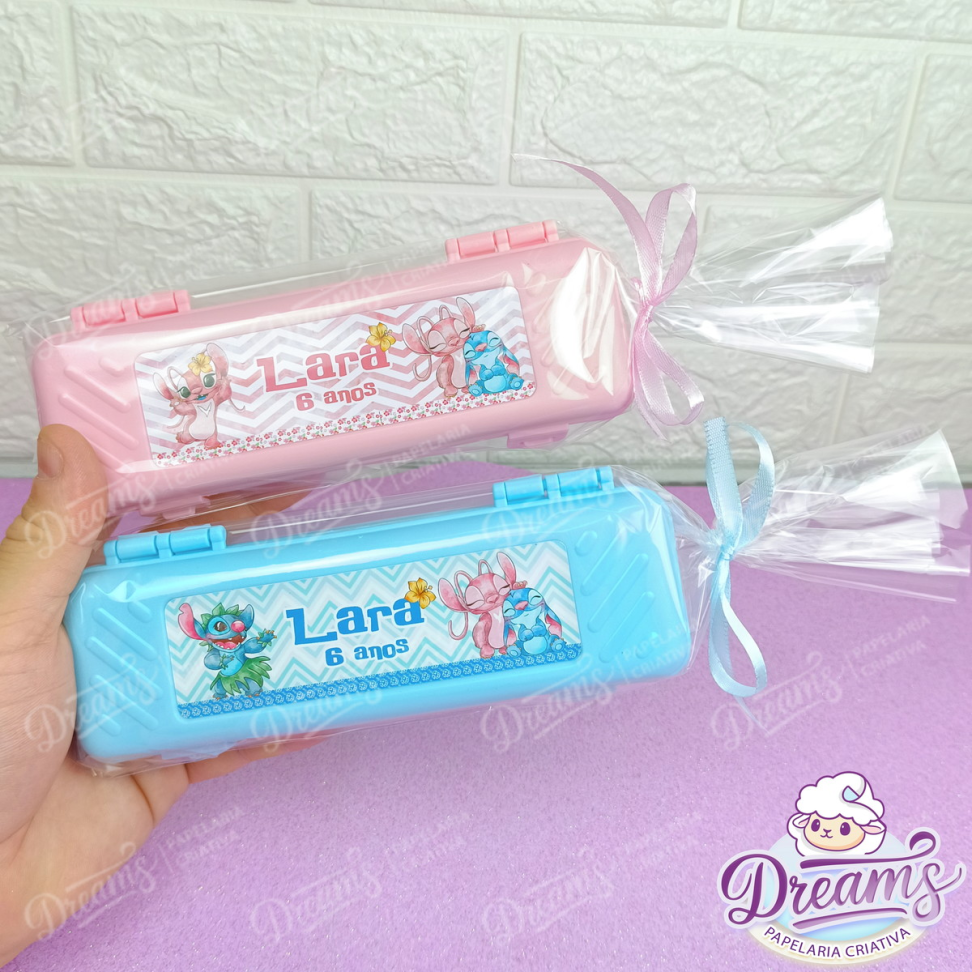 Kit com 10 Estojos Escolares Personalizados com Cola – Stitch e Angel