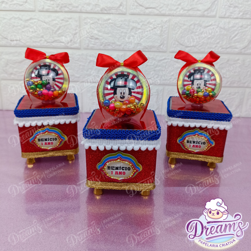Kit com 10 Caixas Acrílicas de Luxo 8 × 8 cm com Bola – Mickey Circo