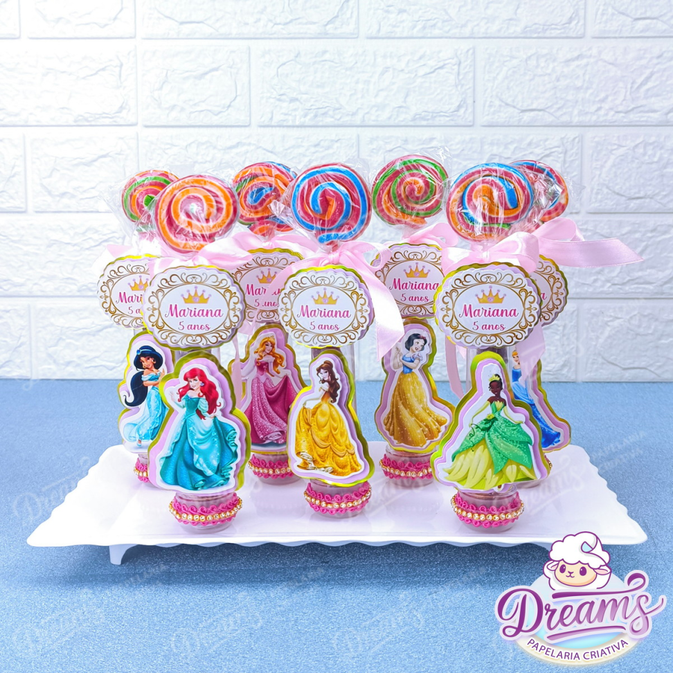 Kit com 20 Tubelitos de 13 cm e Pirulitos Psicodélicos – Princesas