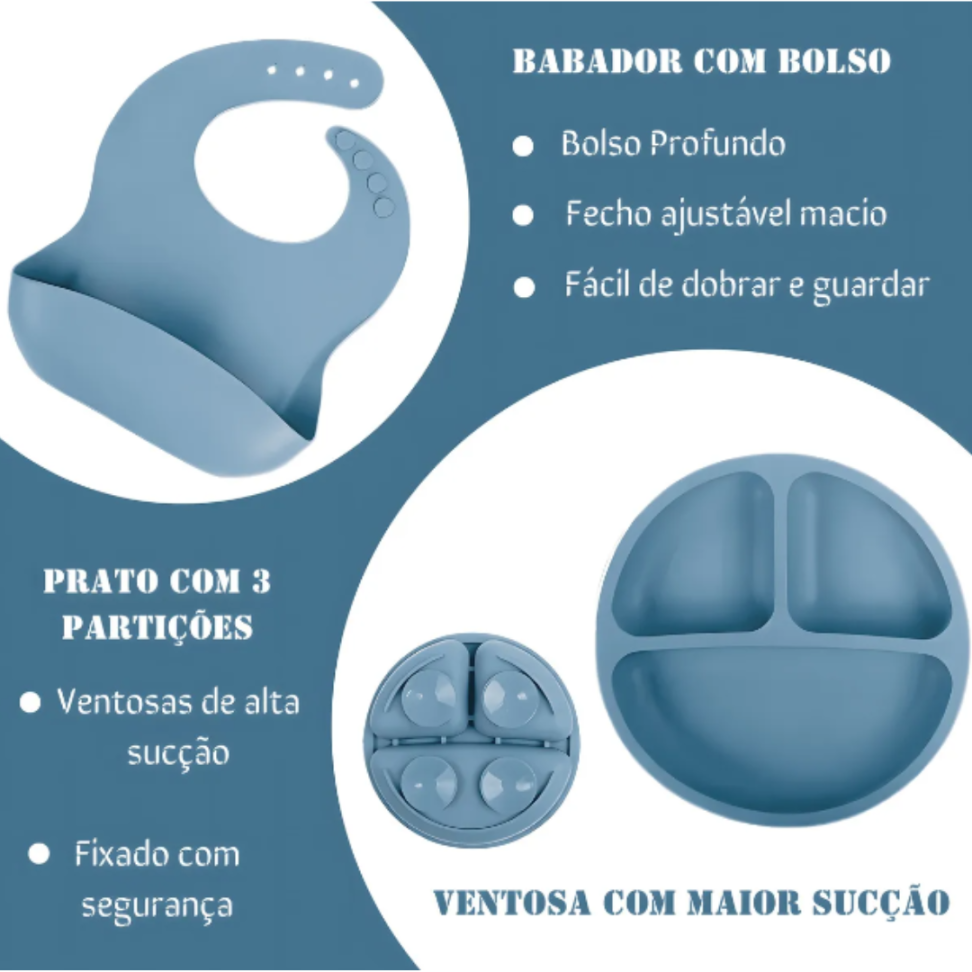 Kit Refeição Bebê Prato Babador Copo Talher Silicone Ventosa - #3