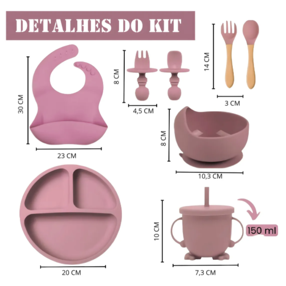 Kit Refeição Bebê Prato Babador Copo Talher Silicone Ventosa - #7