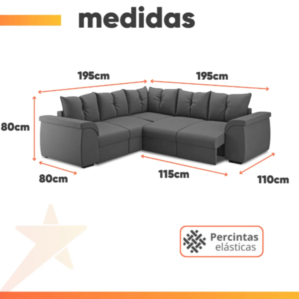 Sofá de Canto 5 Lugares com Retrátil Qatar Suede Cinza Selmer Estofados - #2