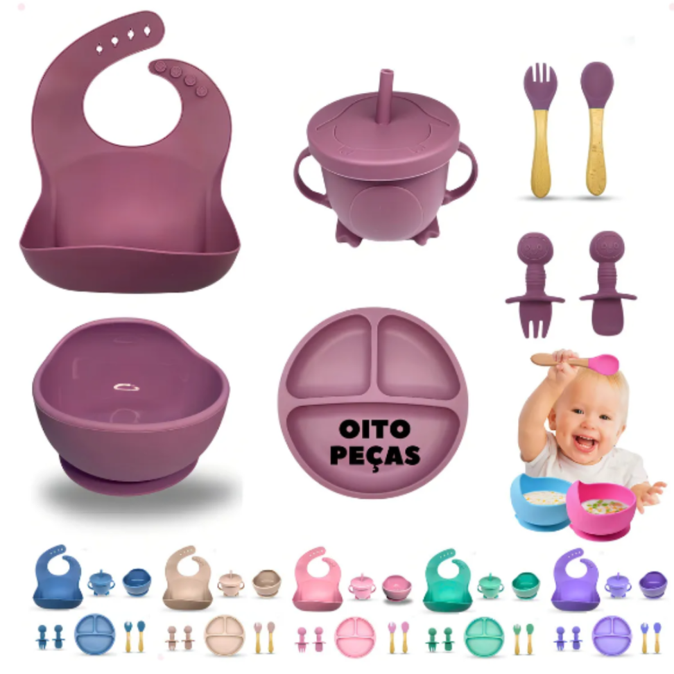 Kit Refeição Bebê Prato Babador Copo Talher Silicone Ventosa - #2