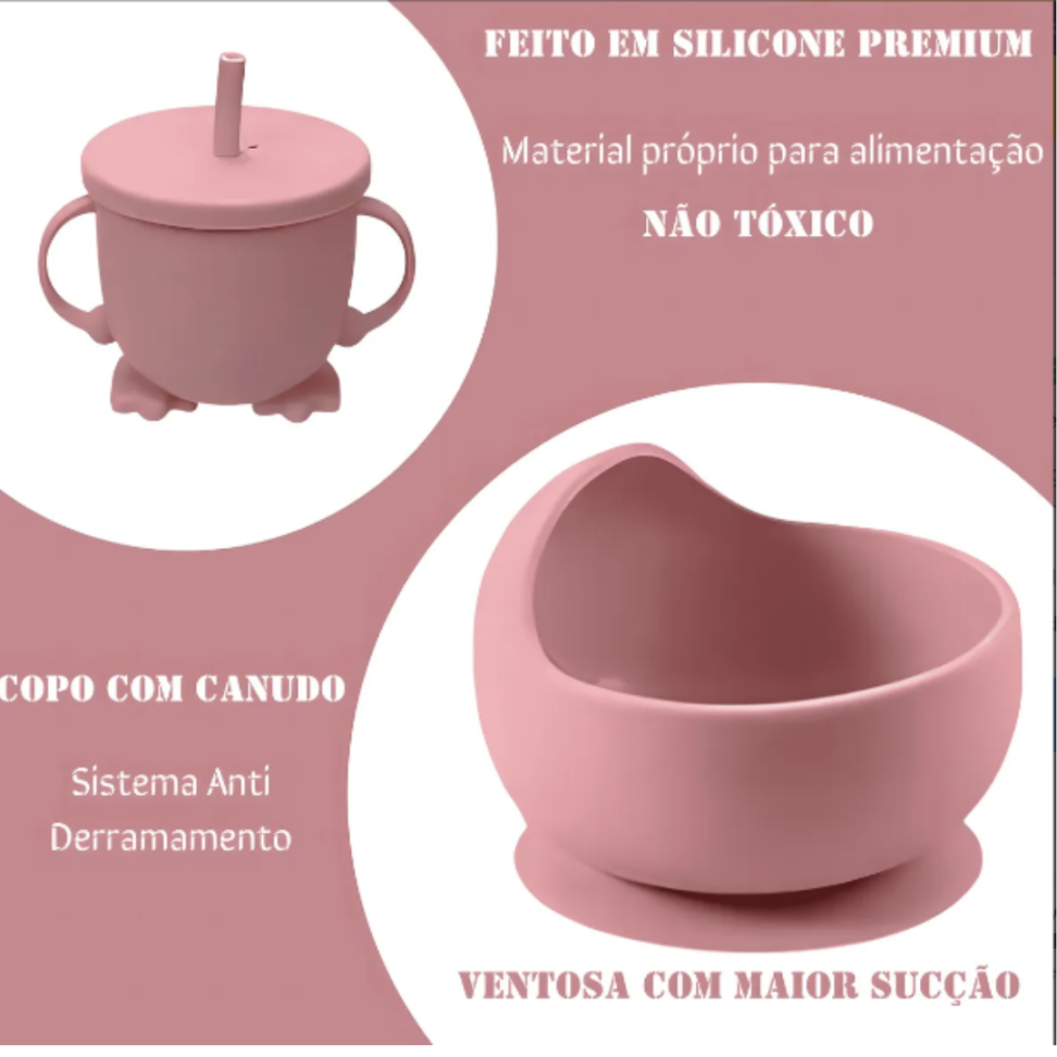 Kit Refeição Bebê Prato Babador Copo Talher Silicone Ventosa - #4