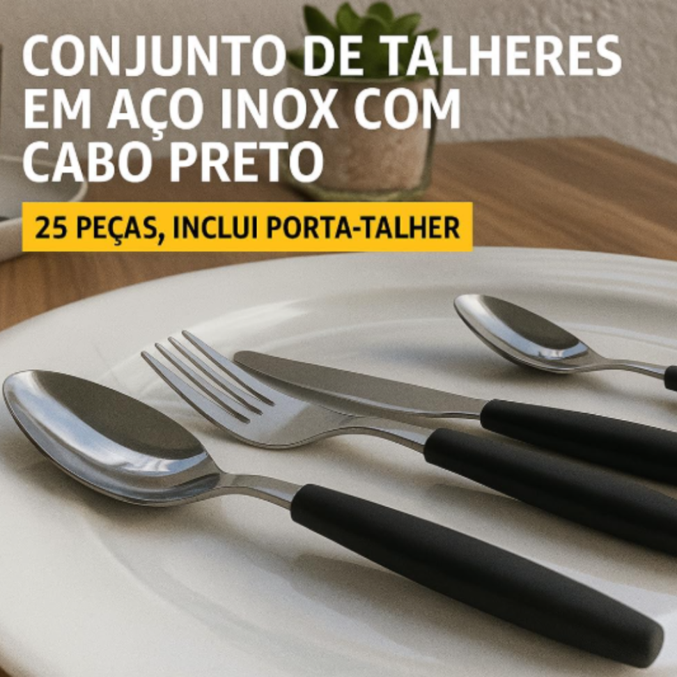 Conjunto de Talheres em Aço Inox com Cabo Color, 25 Peças, Inclui Porta-Talher (Preto) - #5